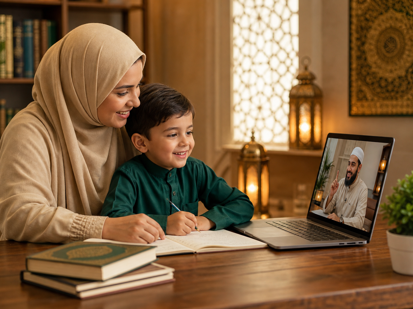 Parent helping her child join an online Quran lesson
