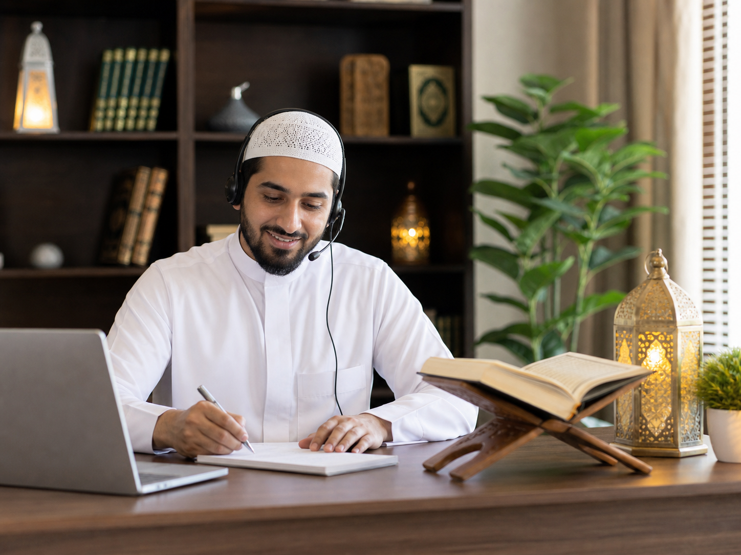 Online Quran teacher preparing a personal lesson